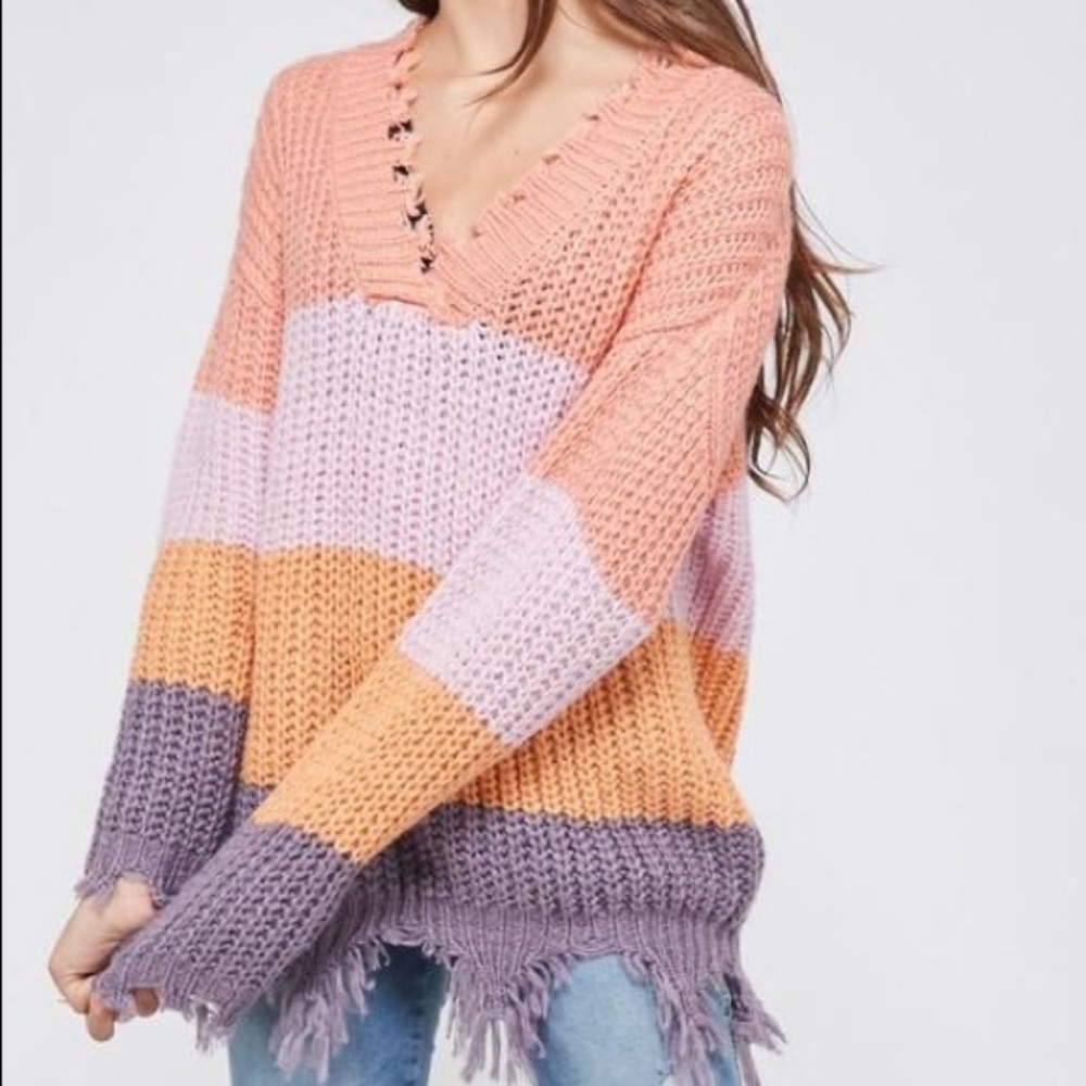 BOHO Wishlist Striped Distressed Sweater